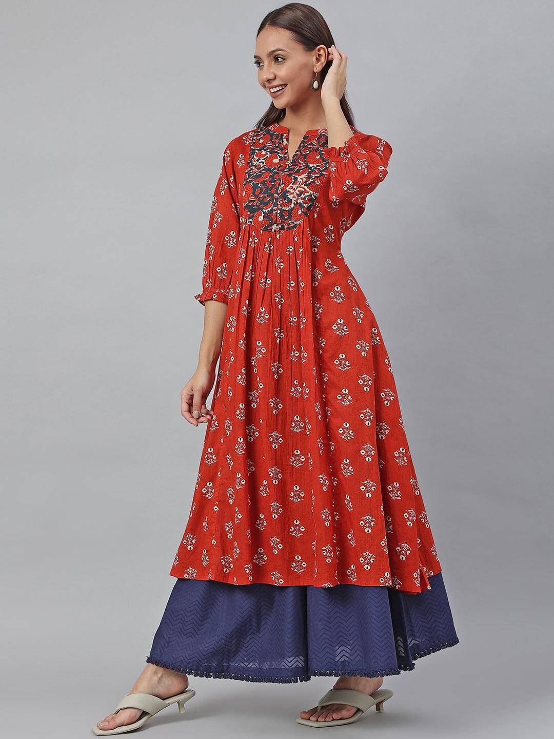 Red Cotton Floral Print Flared Kurta