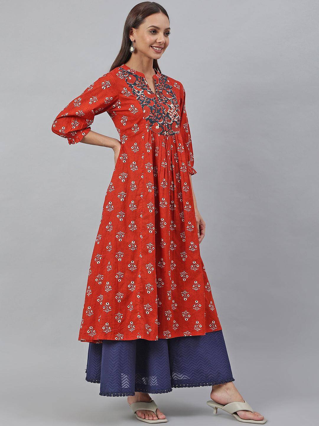 Red Cotton Floral Print Flared Kurta