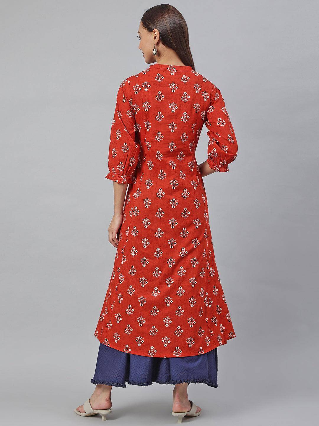 Red Cotton Floral Print Flared Kurta