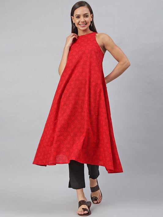 Red Cotton Botanical Print A-line Kurta