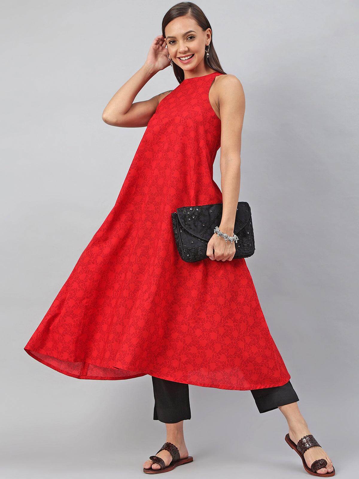 Red Cotton Botanical Print A-line Kurta