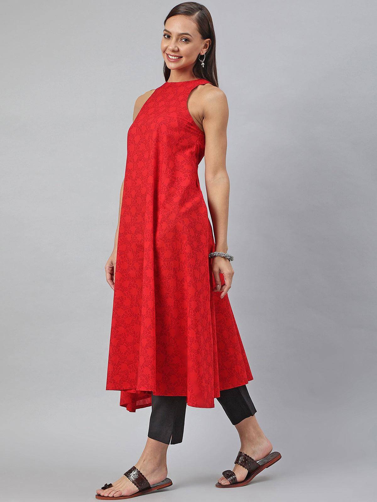 Red Cotton Botanical Print A-line Kurta