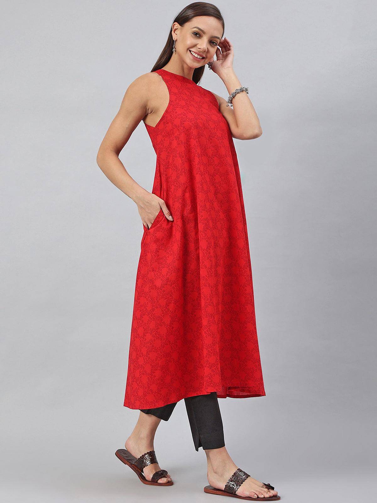 Red Cotton Botanical Print A-line Kurta