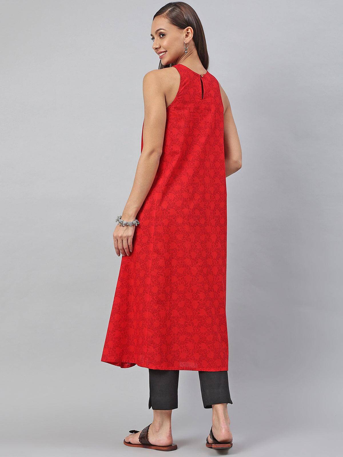 Red Cotton Botanical Print A-line Kurta