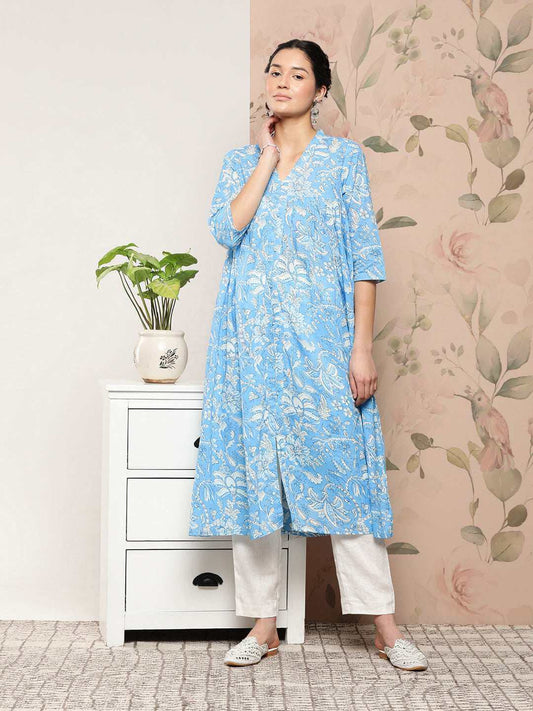 Sky Blue Cotton Floral Print Flared Kurta