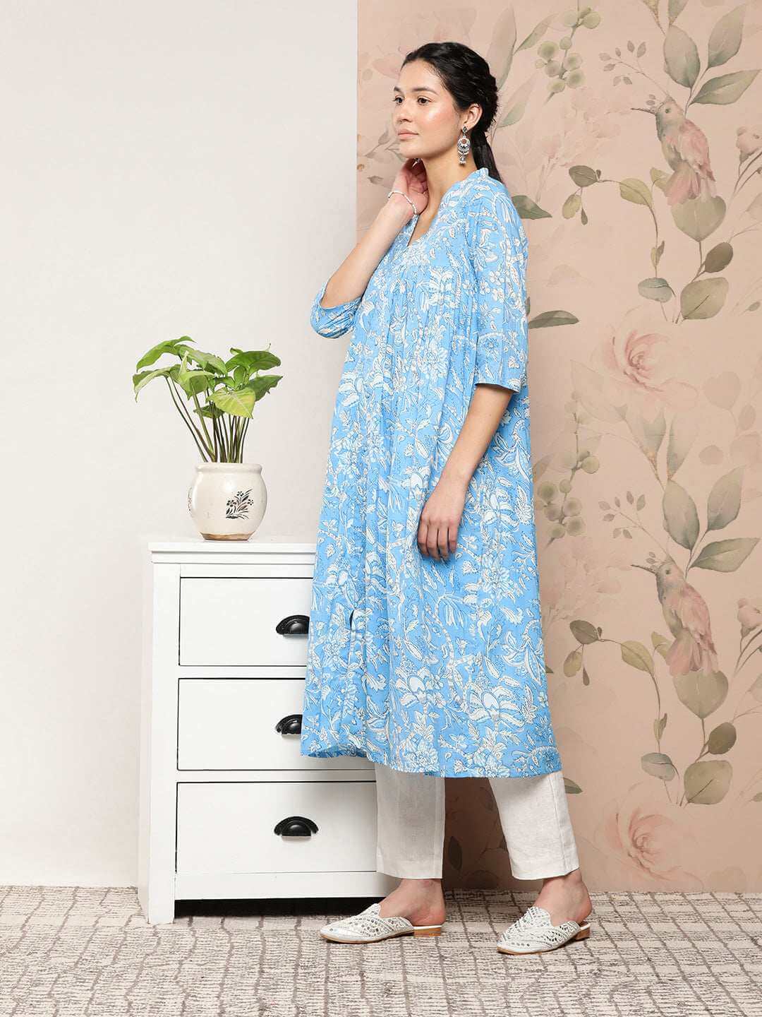 Sky Blue Cotton Floral Print Flared Kurta