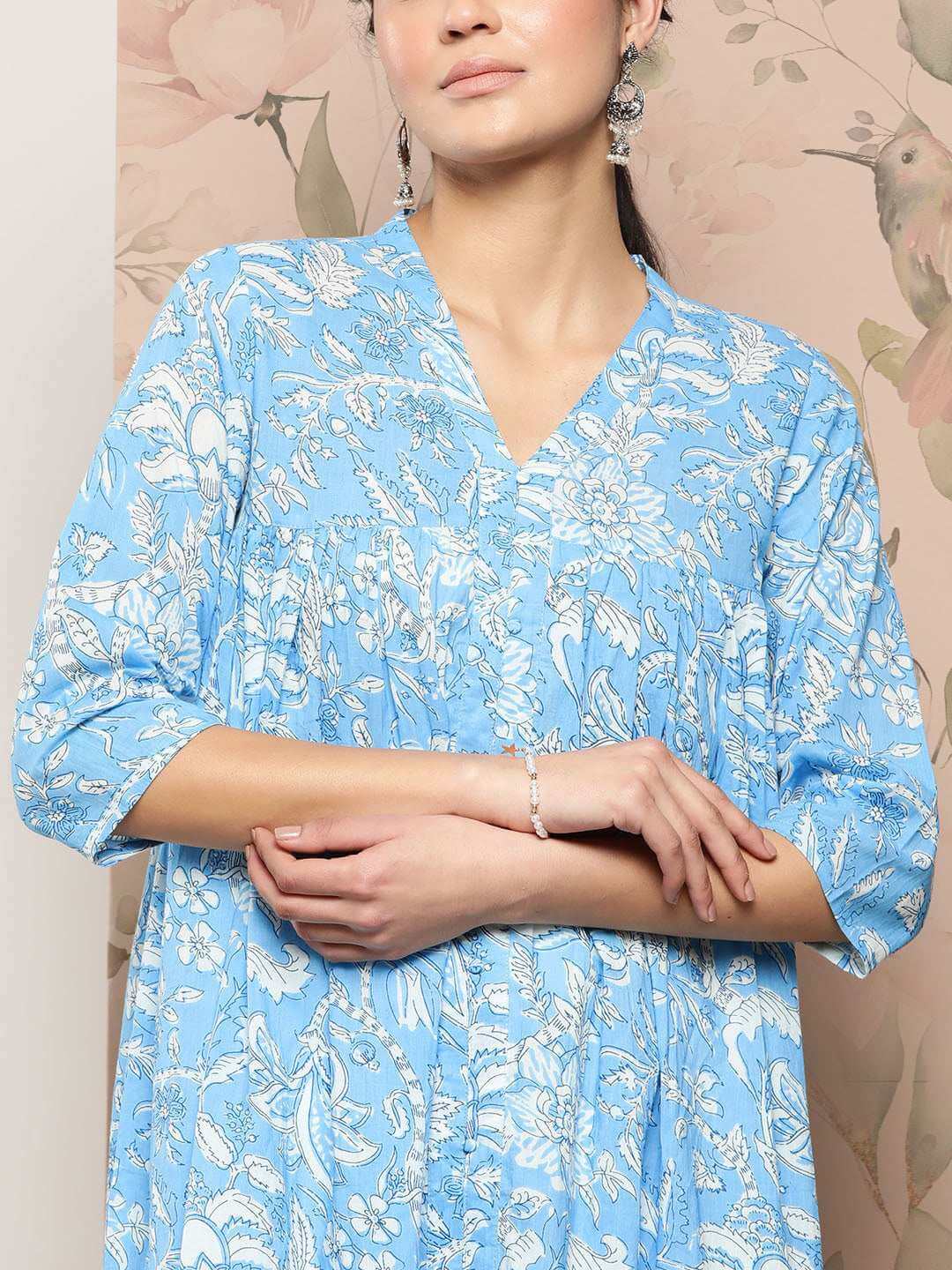 Sky Blue Cotton Floral Print Flared Kurta