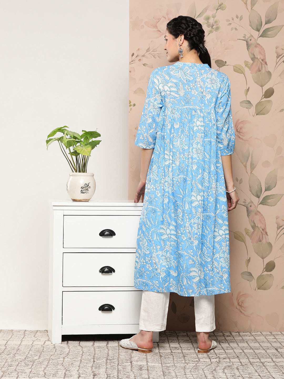 Sky Blue Cotton Floral Print Flared Kurta