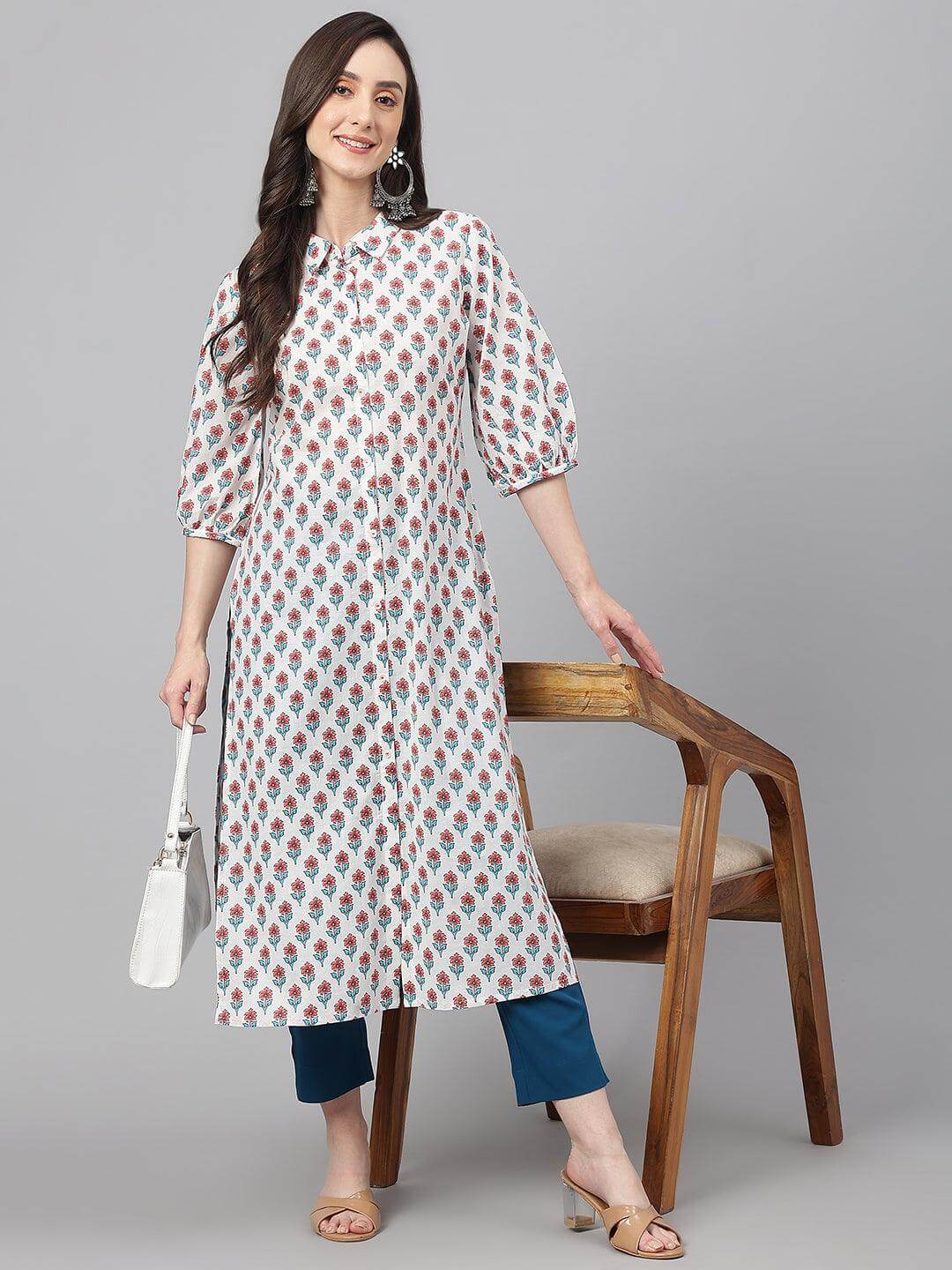 White Cotton Floral Print Straight Kurta