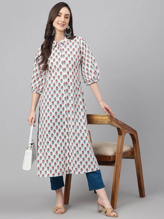 White Cotton Floral Print Straight Kurta