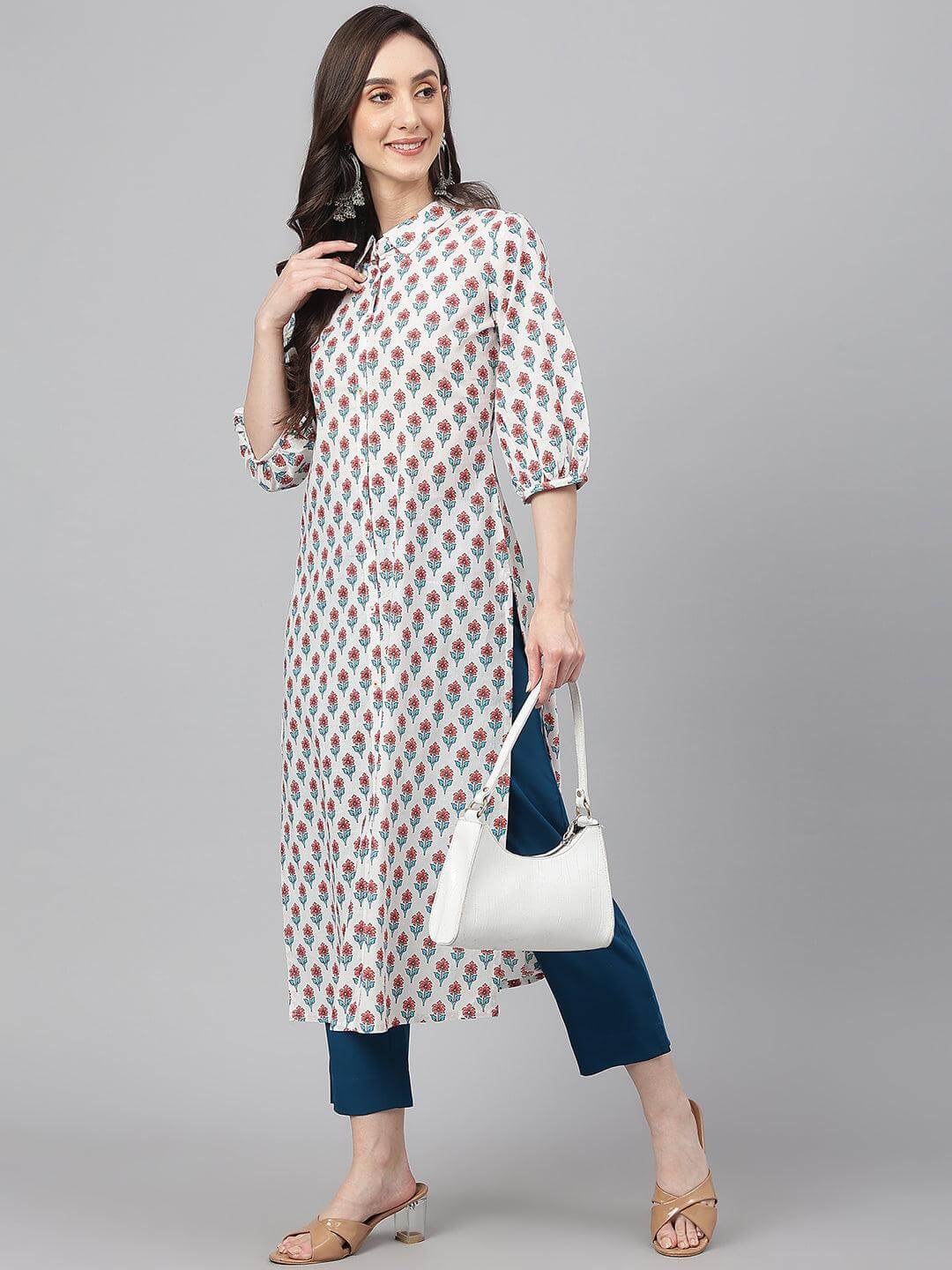 White Cotton Floral Print Straight Kurta