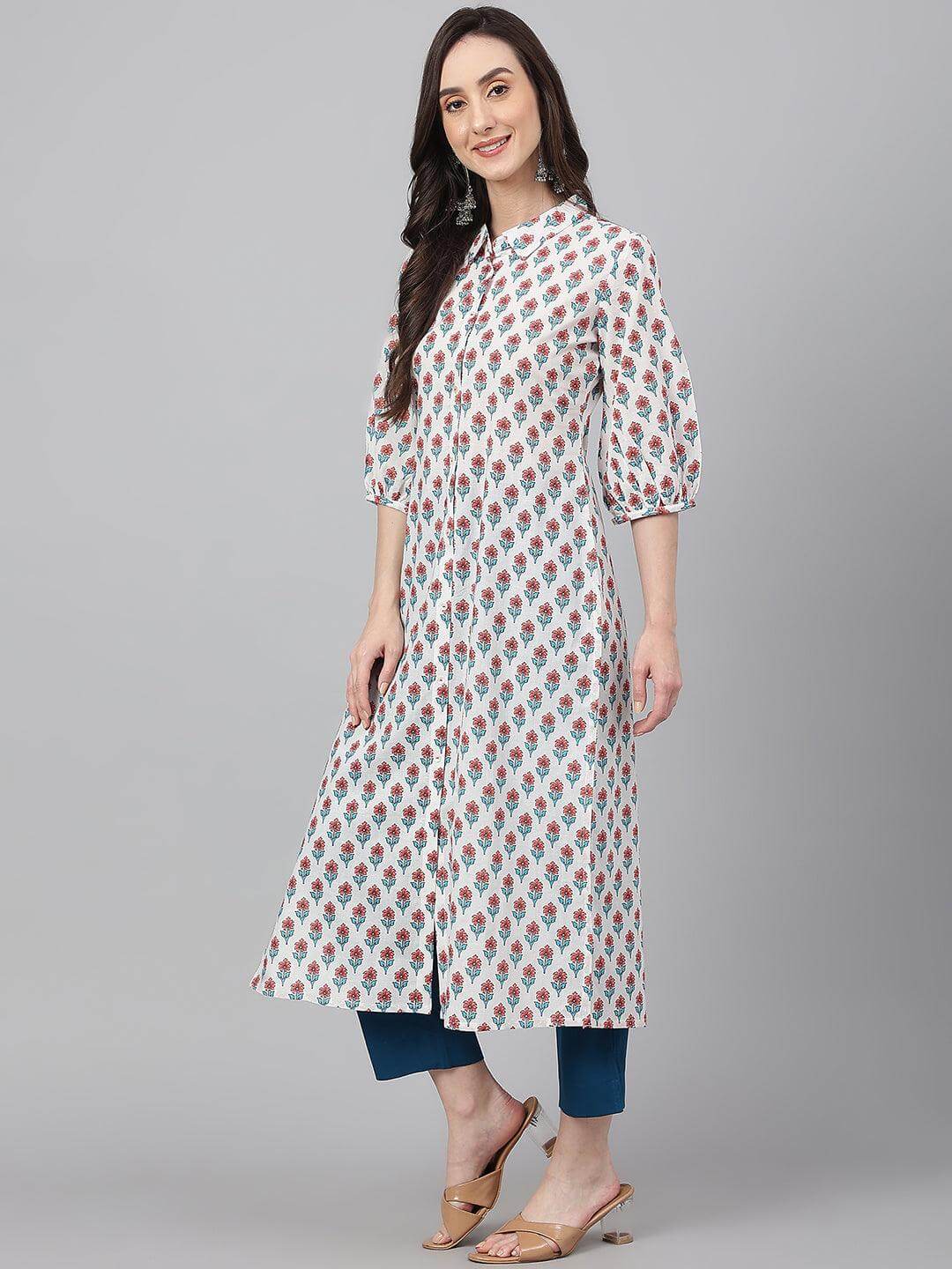 White Cotton Floral Print Straight Kurta