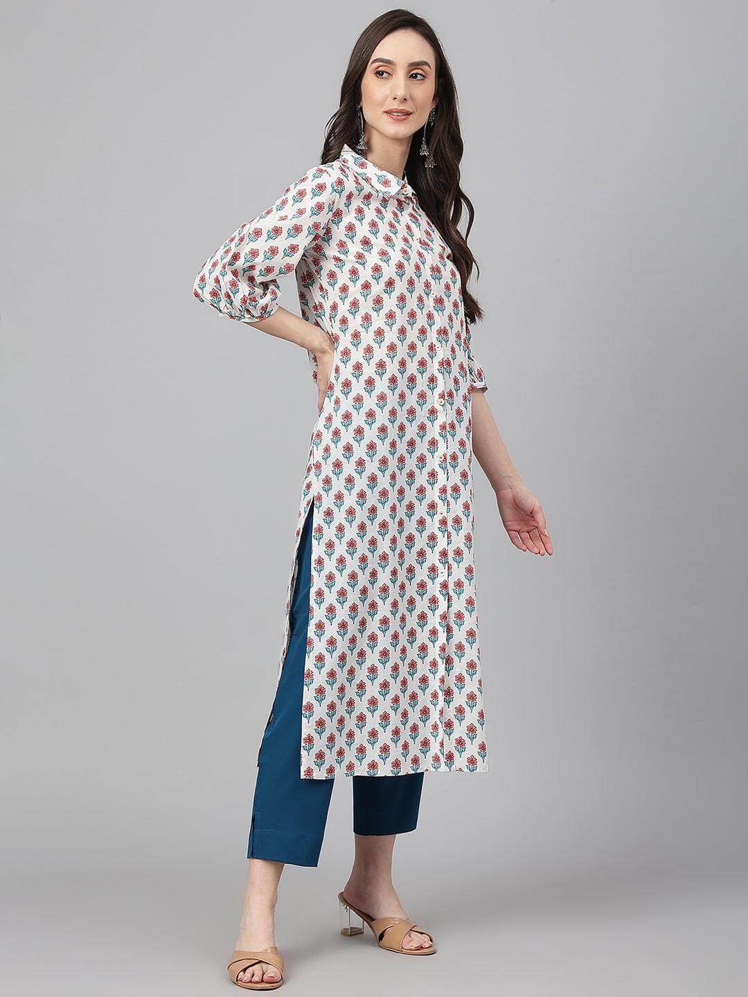 White Cotton Floral Print Straight Kurta