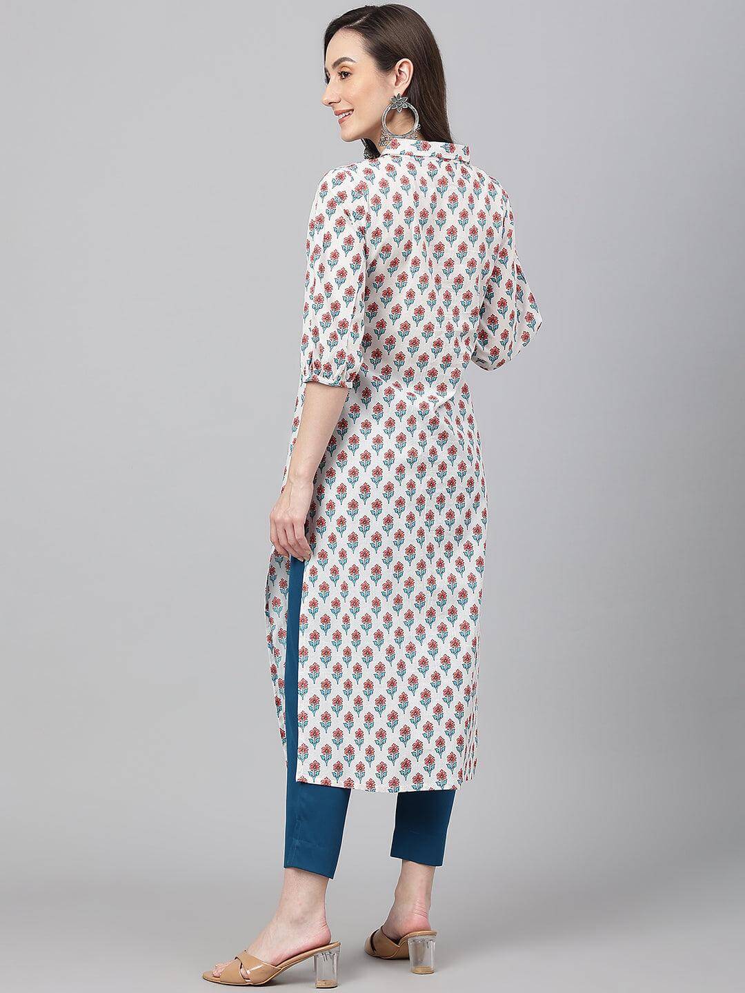 White Cotton Floral Print Straight Kurta