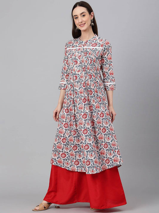 White Cotton Floral Print Flared Kurta