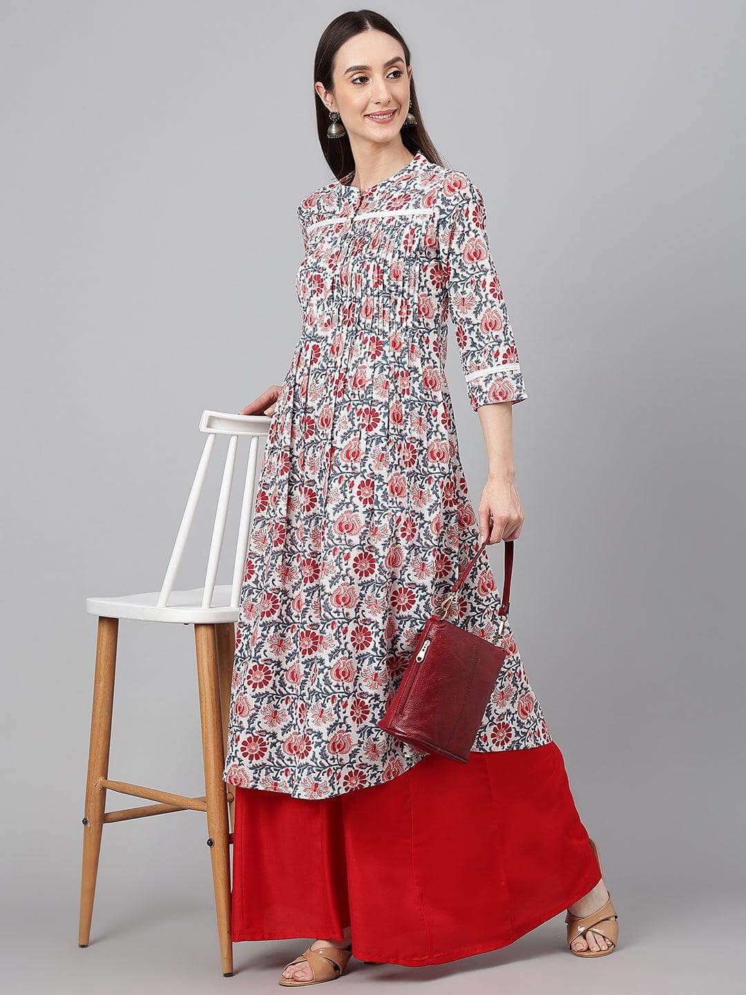 White Cotton Floral Print Flared Kurta