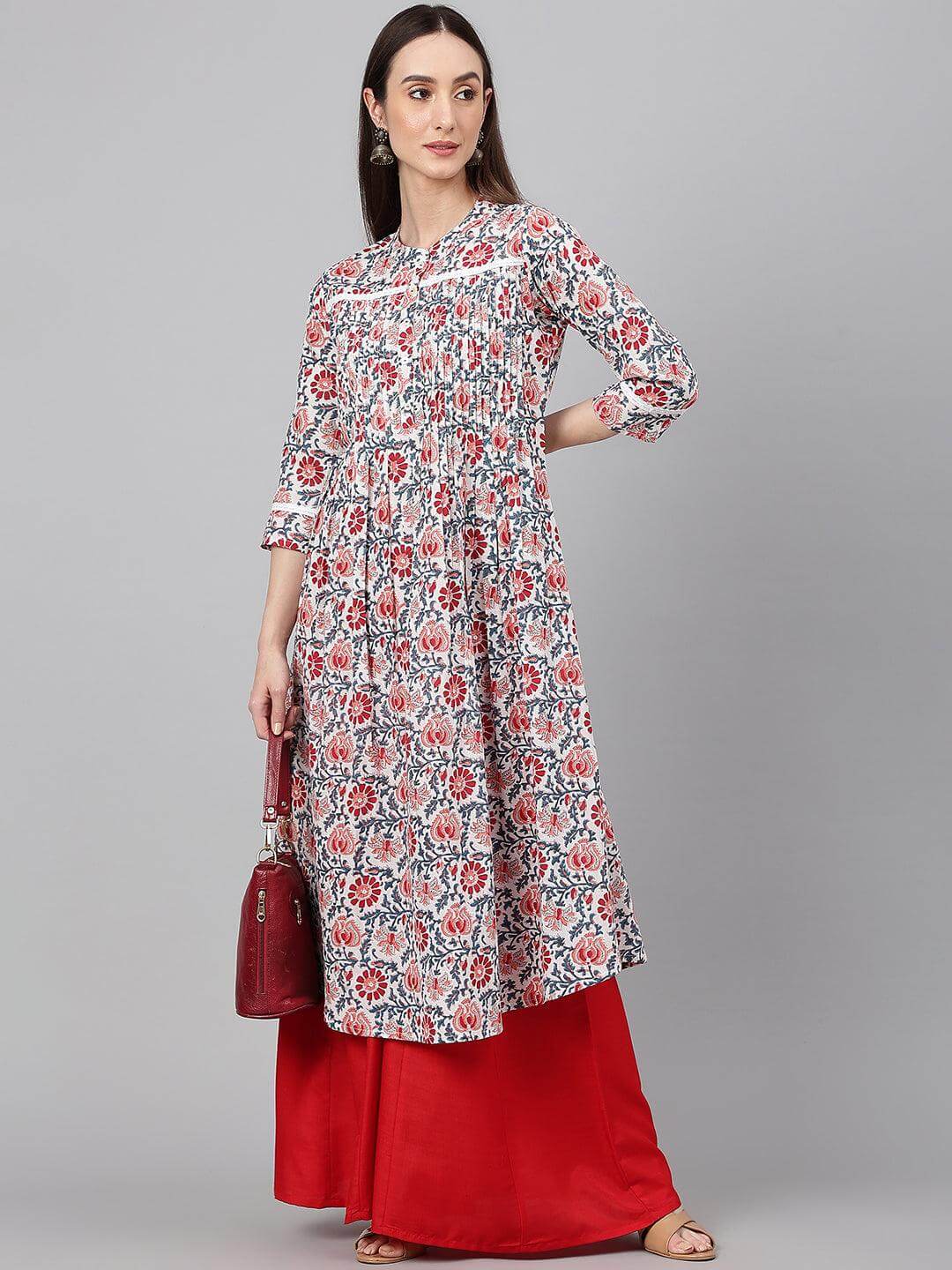 White Cotton Floral Print Flared Kurta