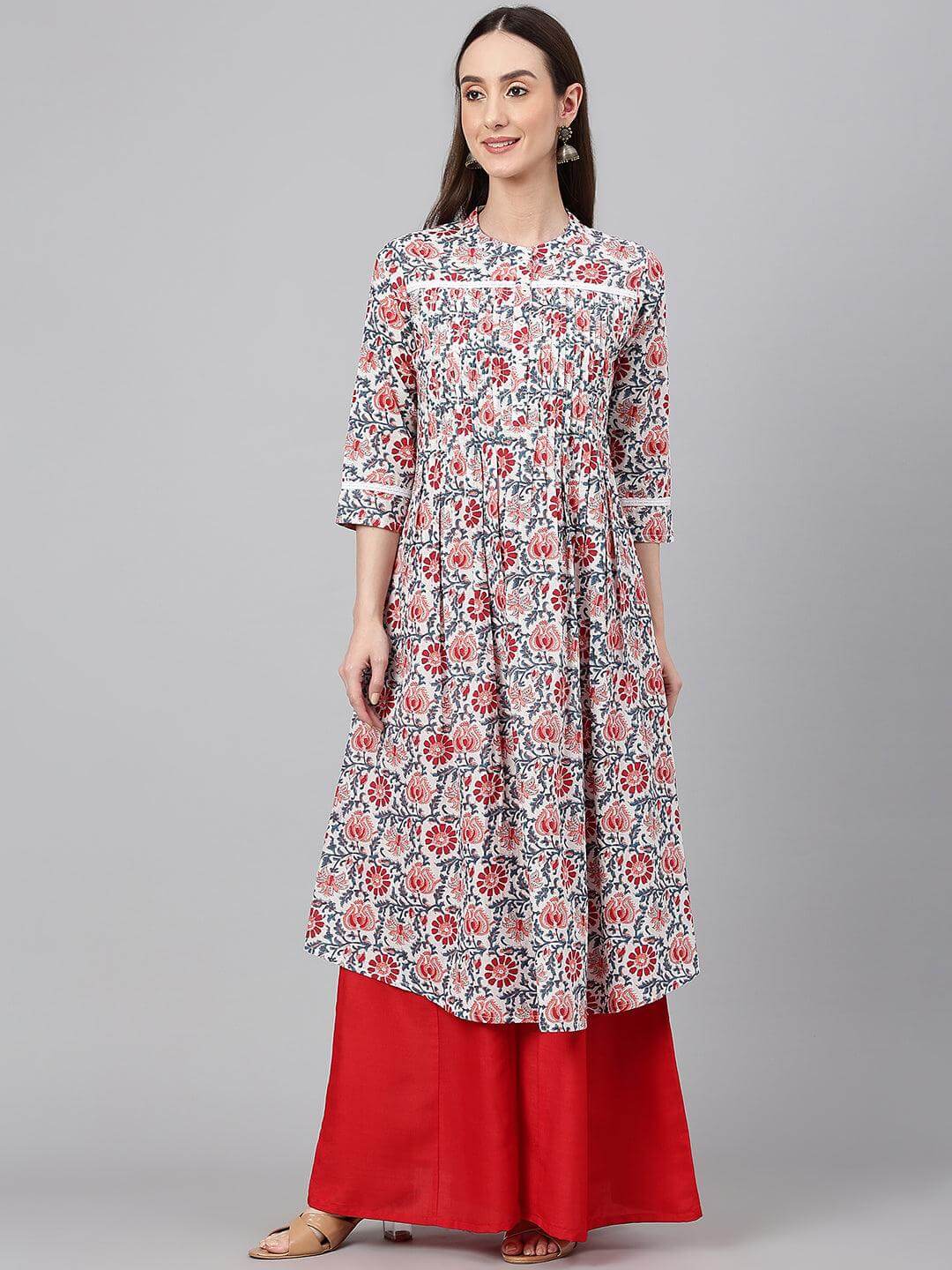 White Cotton Floral Print Flared Kurta