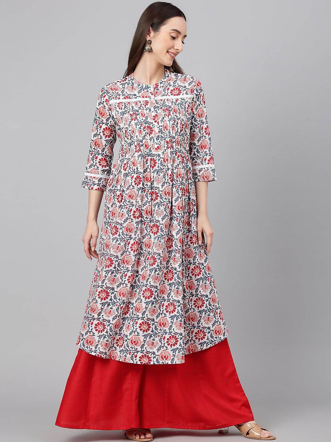 White Cotton Floral Print Flared Kurta