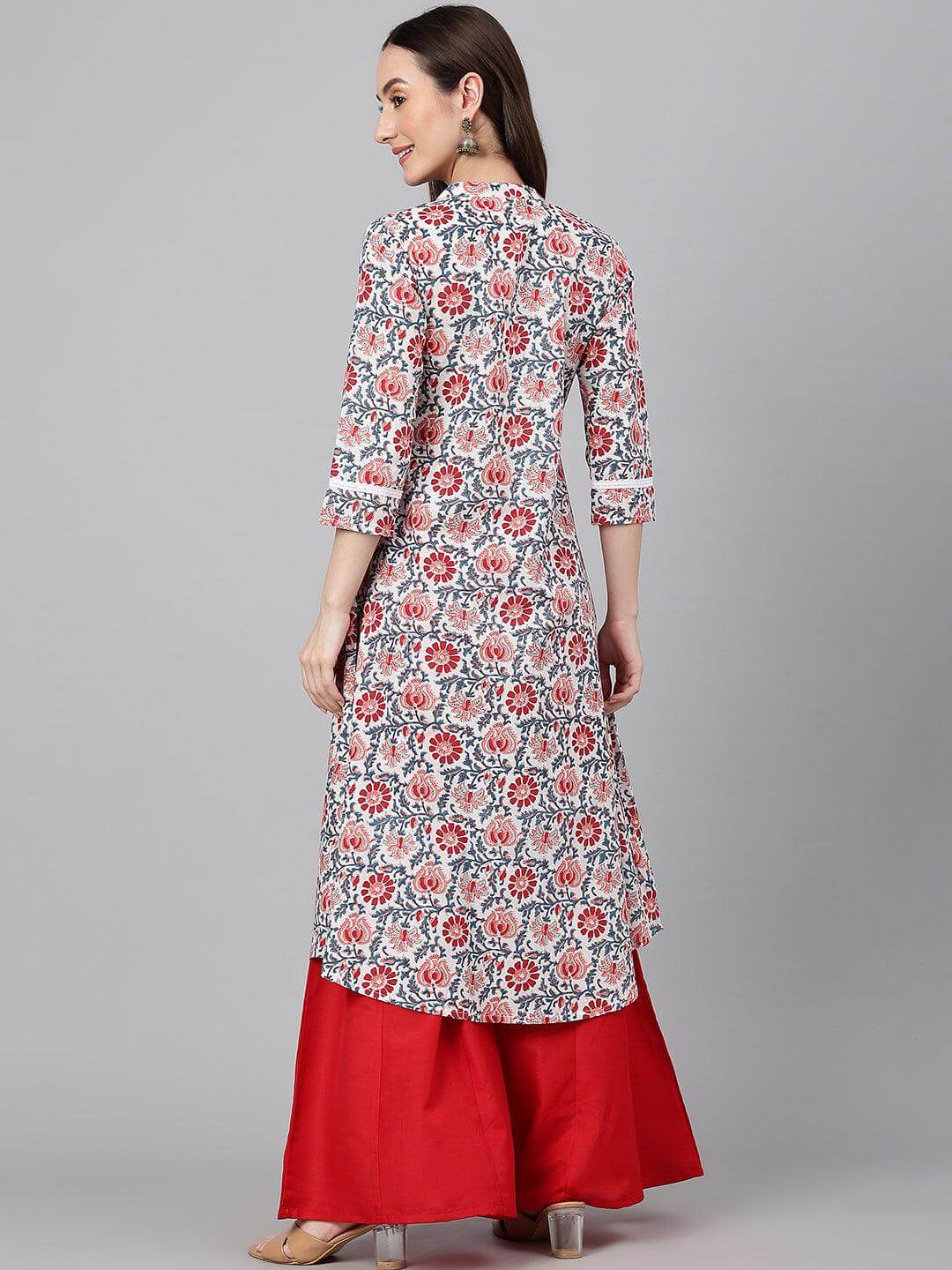 White Cotton Floral Print Flared Kurta