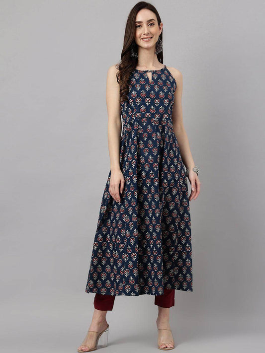Women's Navy Blue Cotton Block Print Anarkali Kurta
