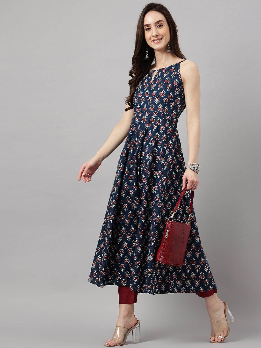 Women's Navy Blue Cotton Block Print Anarkali Kurta