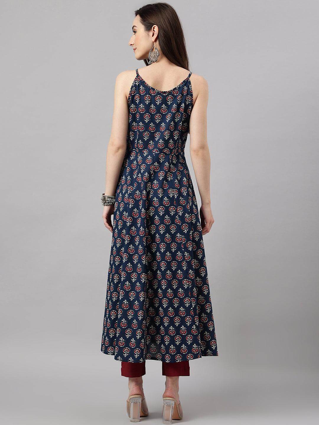 Women's Navy Blue Cotton Block Print Anarkali Kurta