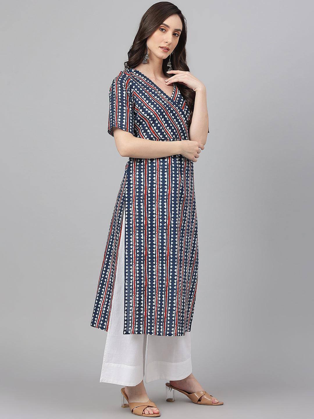 Navy Blue Cotton Geometric Straight Kurta