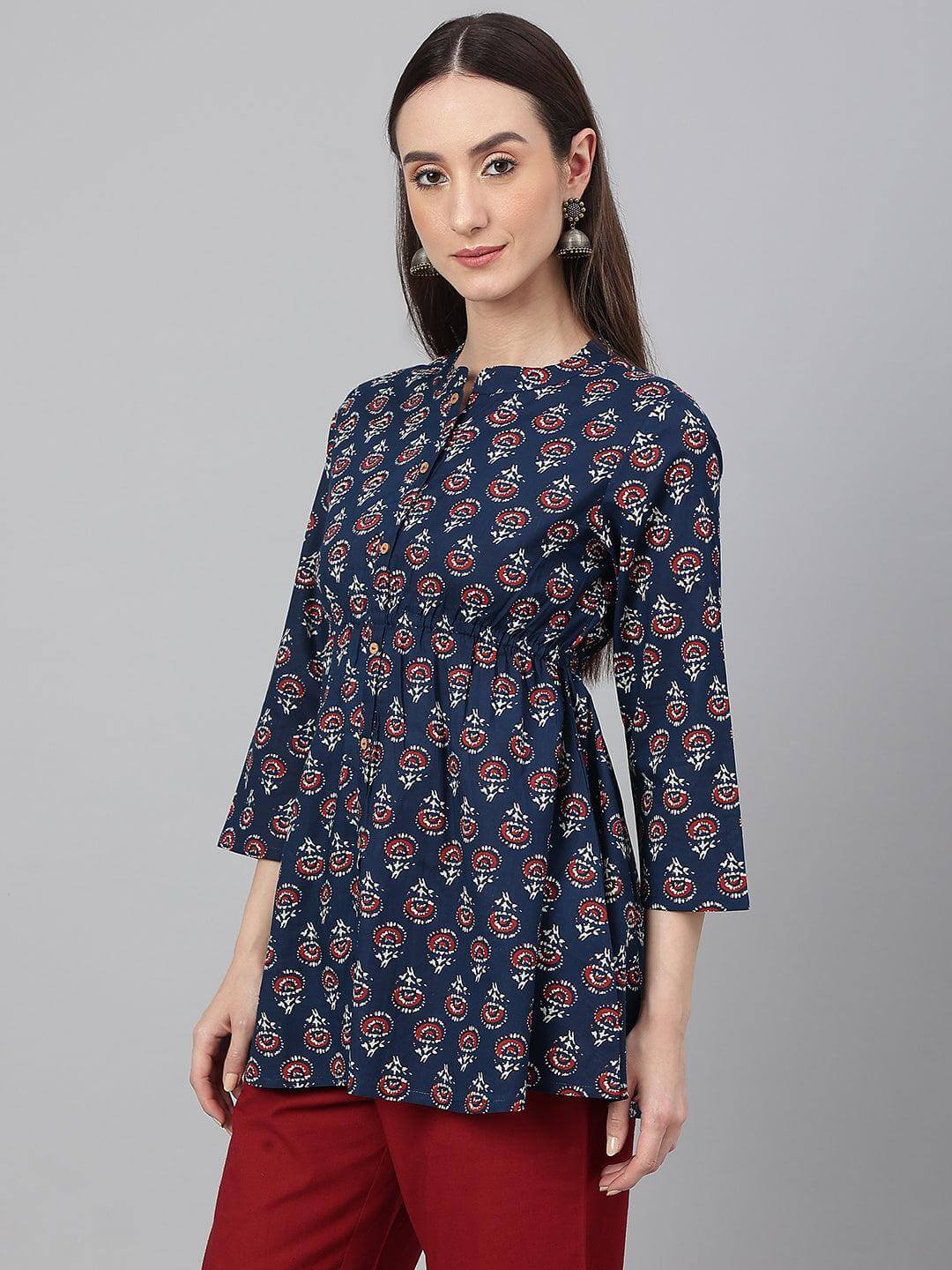 Navy Blue Cotton Floral Print Peplum Top