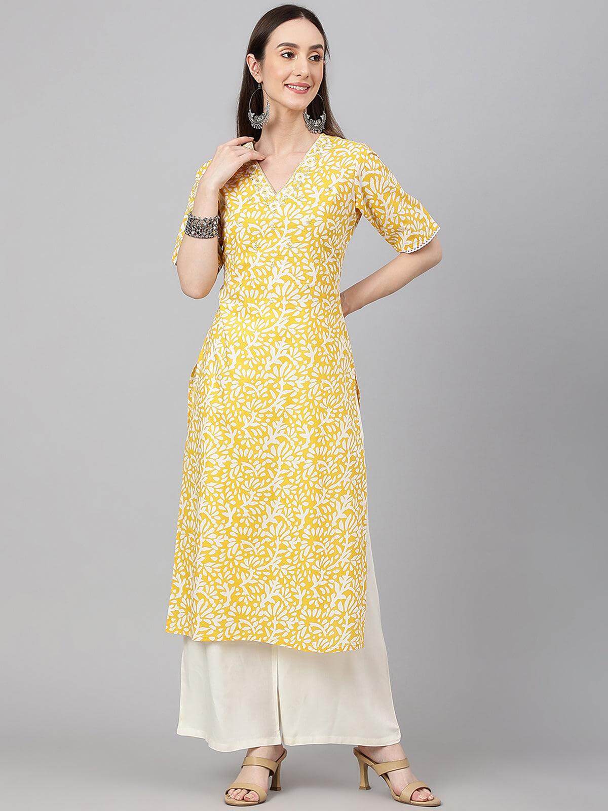Yellow Cambric Cotton Printed Straight Kurta