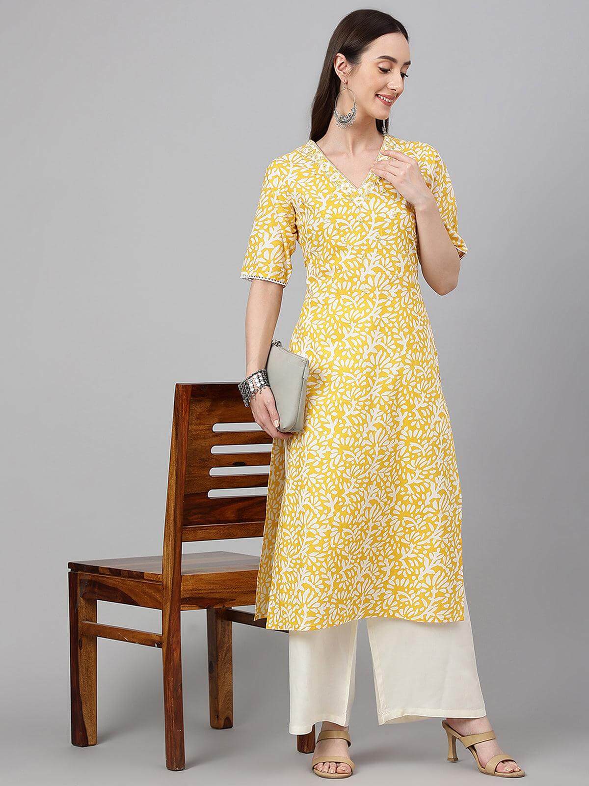 Yellow Cambric Cotton Printed Straight Kurta