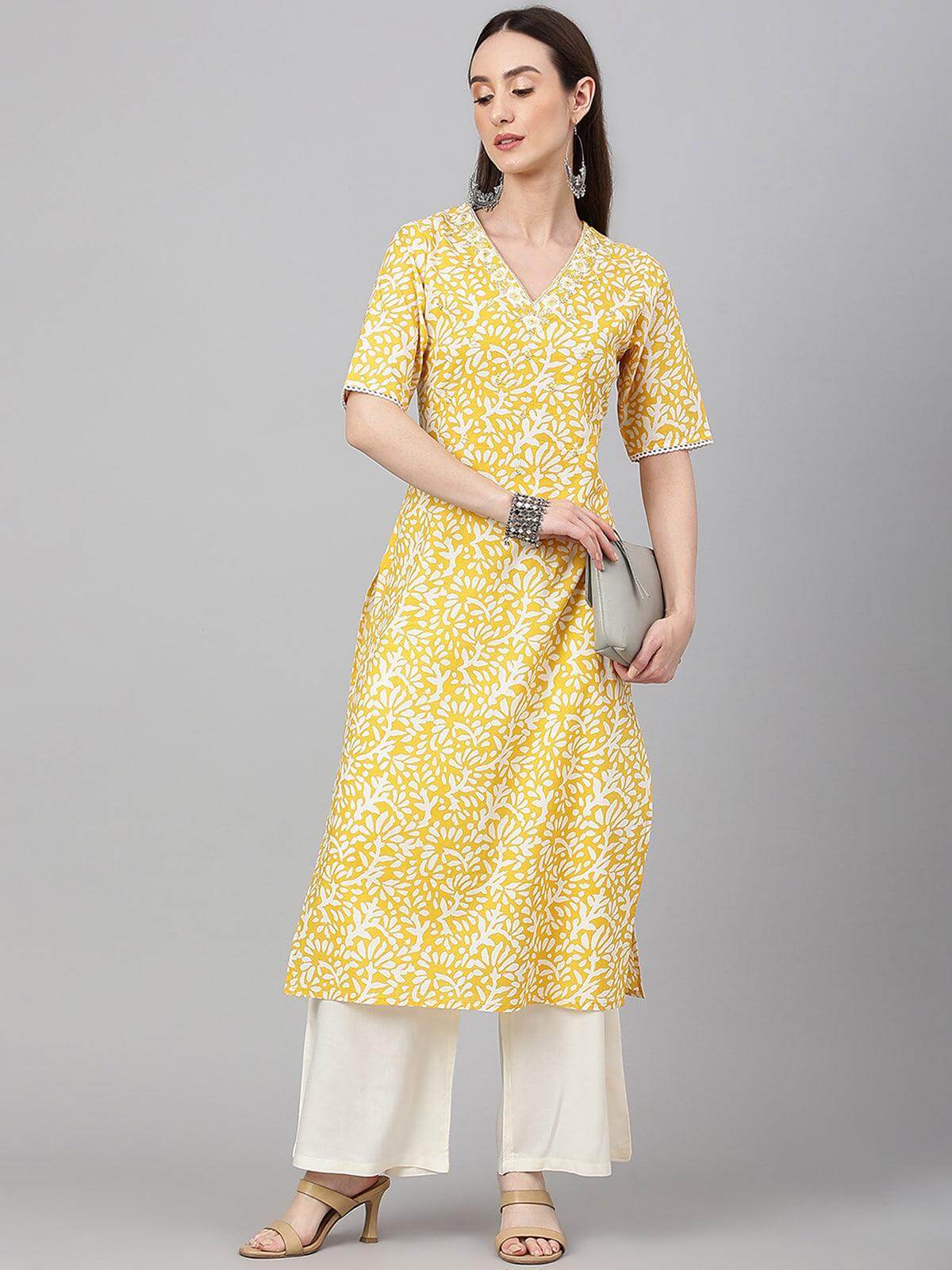Yellow Cambric Cotton Printed Straight Kurta