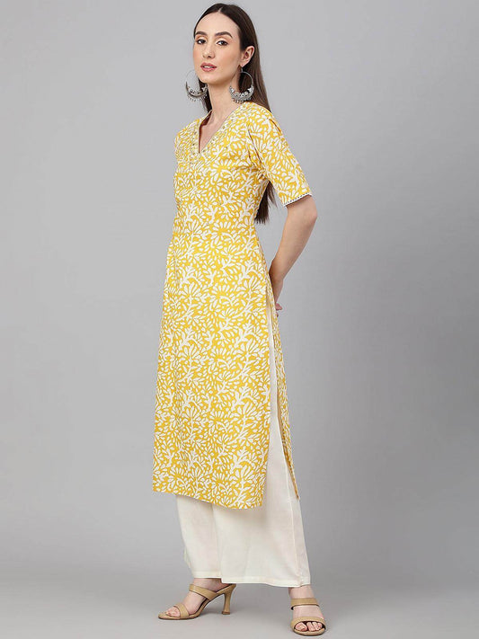 Yellow Cambric Cotton Printed Straight Kurta