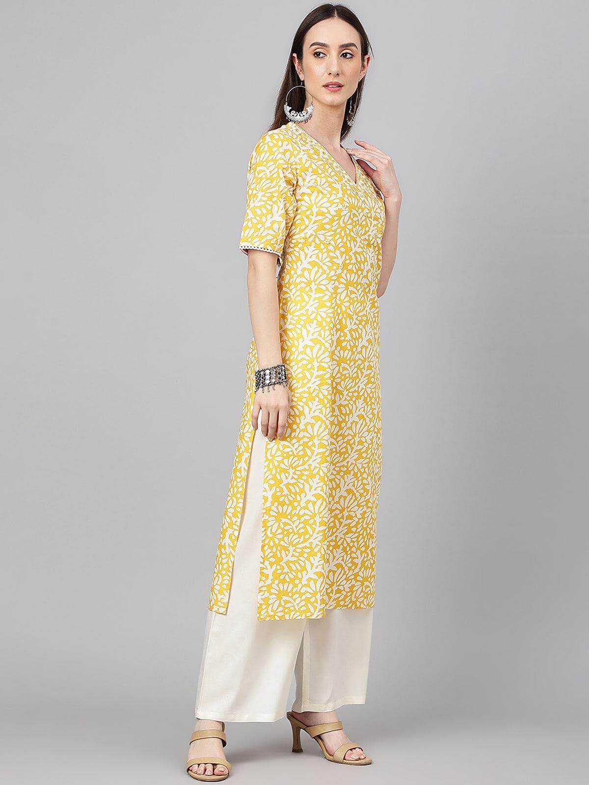 Yellow Cambric Cotton Printed Straight Kurta
