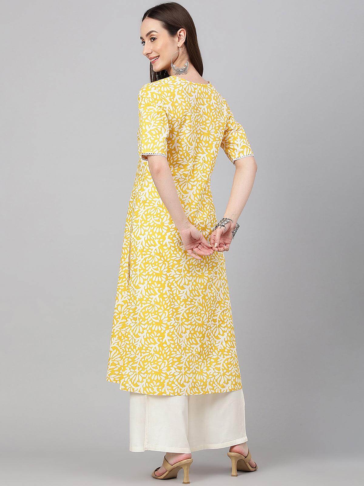 Yellow Cambric Cotton Printed Straight Kurta