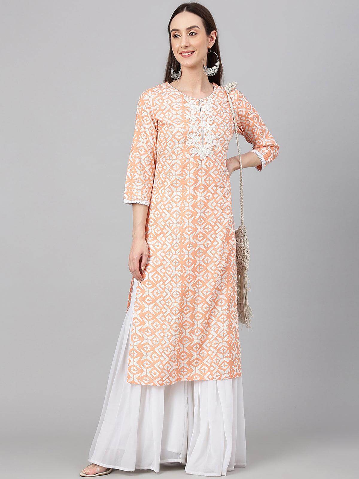 Peach Cotton Printed Straight Kurta