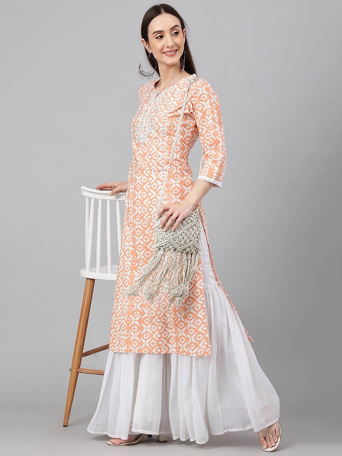 Peach Cotton Printed Straight Kurta