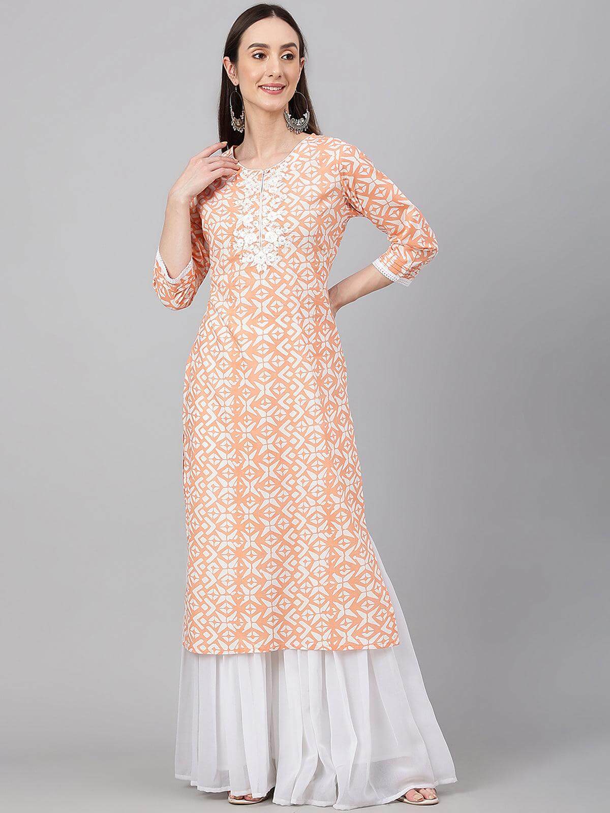 Peach Cotton Printed Straight Kurta