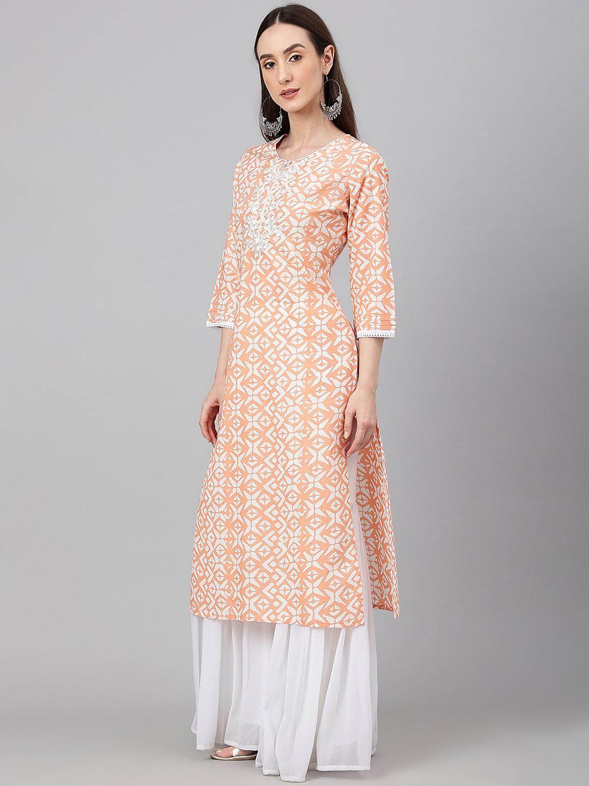 Peach Cotton Printed Straight Kurta