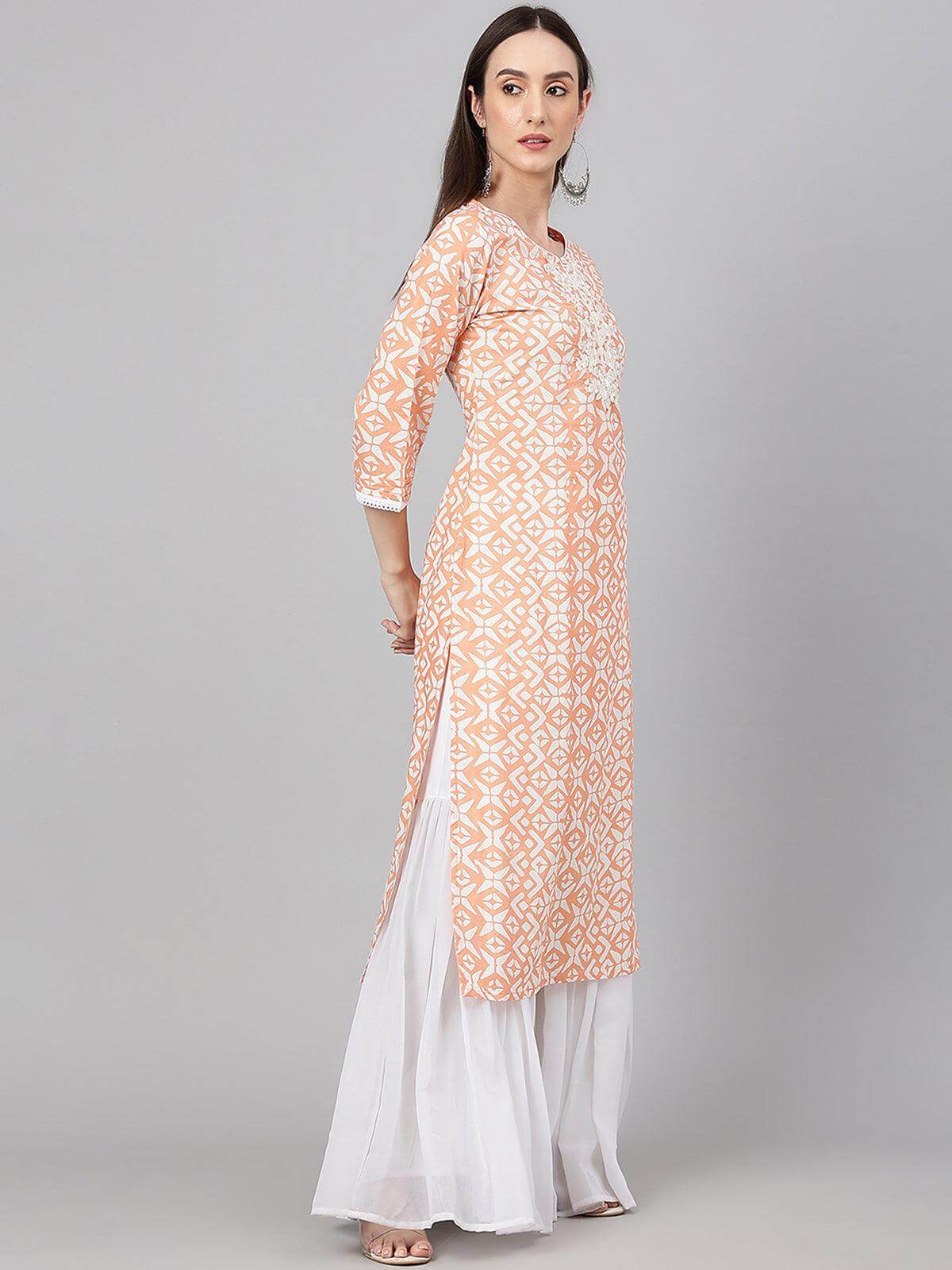 Peach Cotton Printed Straight Kurta