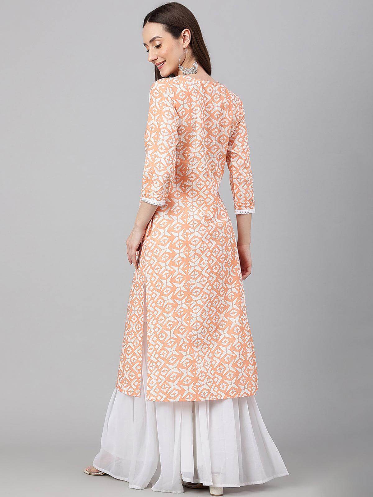 Peach Cotton Printed Straight Kurta