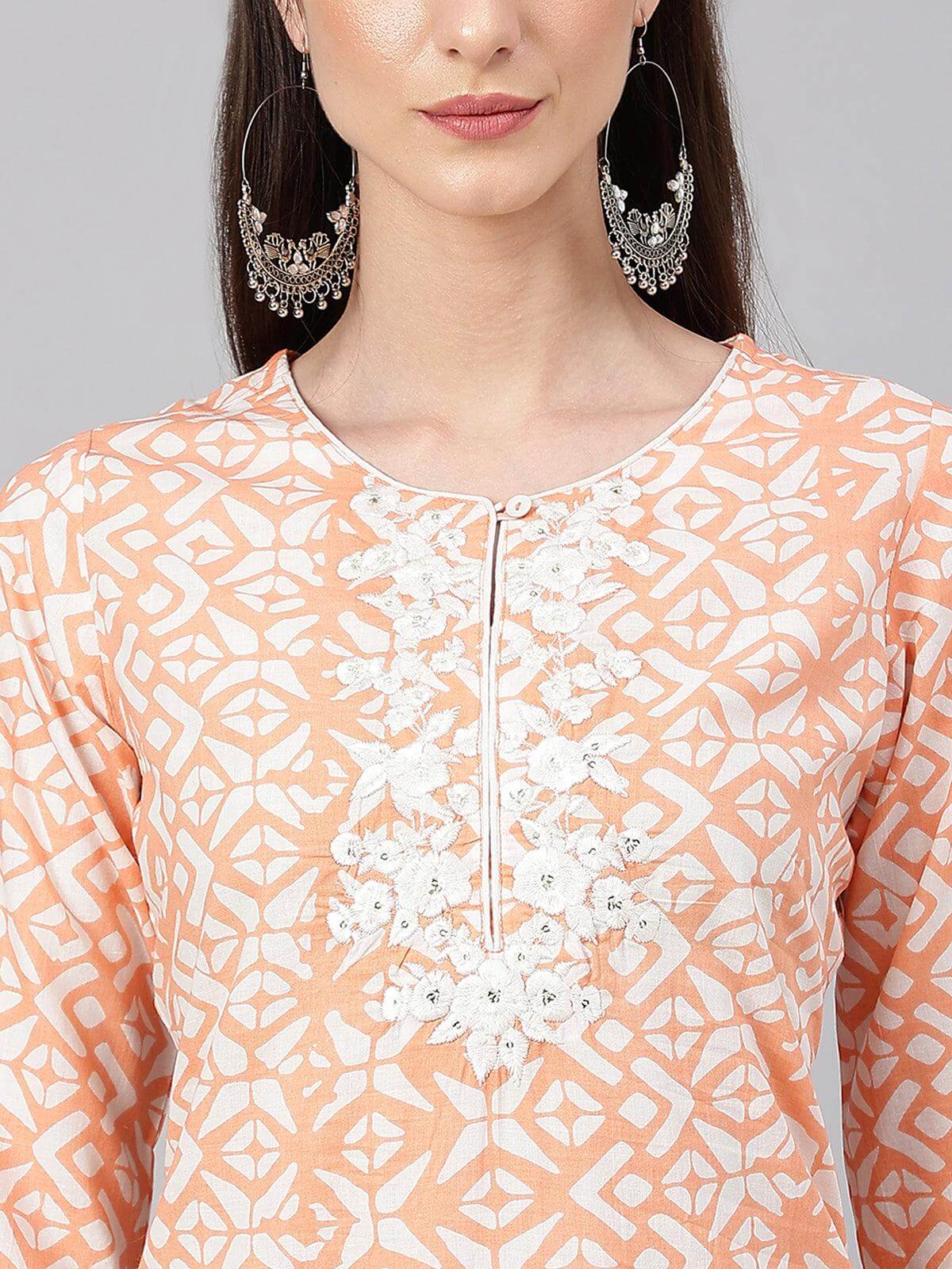 Peach Cotton Printed Straight Kurta