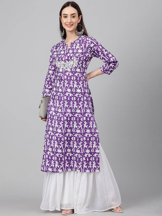 Purple Cotton Batik Print Straight Kurta