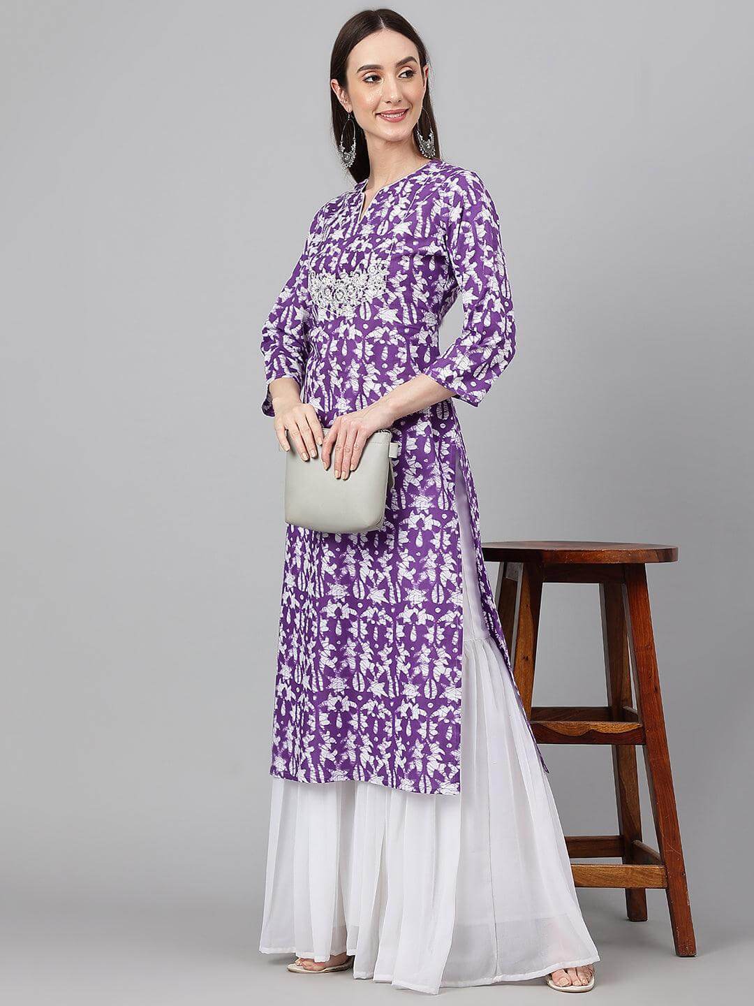 Purple Cotton Batik Print Straight Kurta