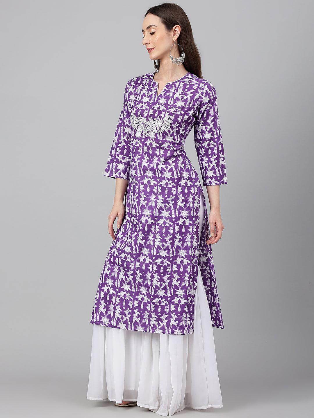 Purple Cotton Batik Print Straight Kurta