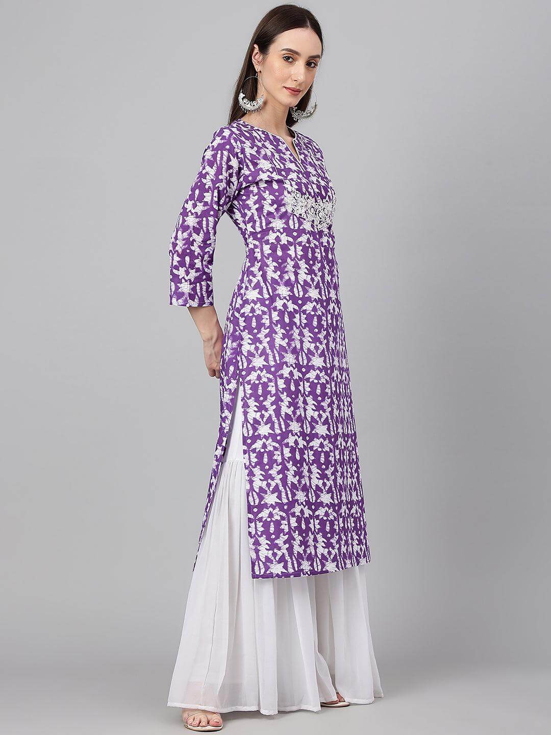 Purple Cotton Batik Print Straight Kurta