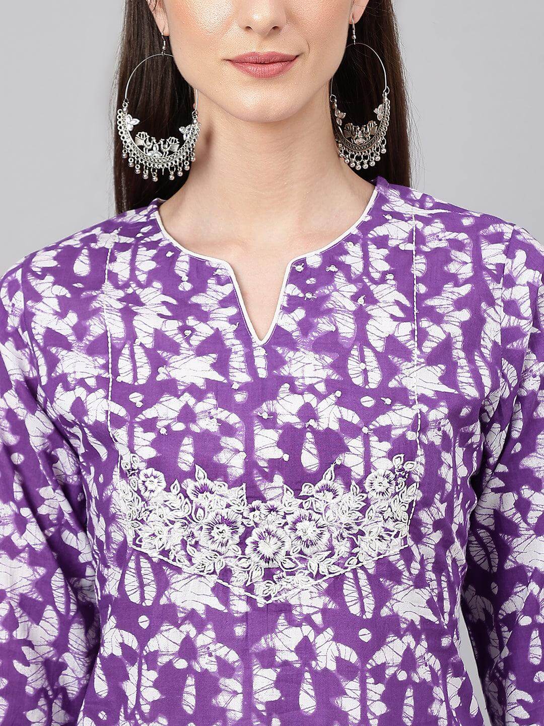Purple Cotton Batik Print Straight Kurta
