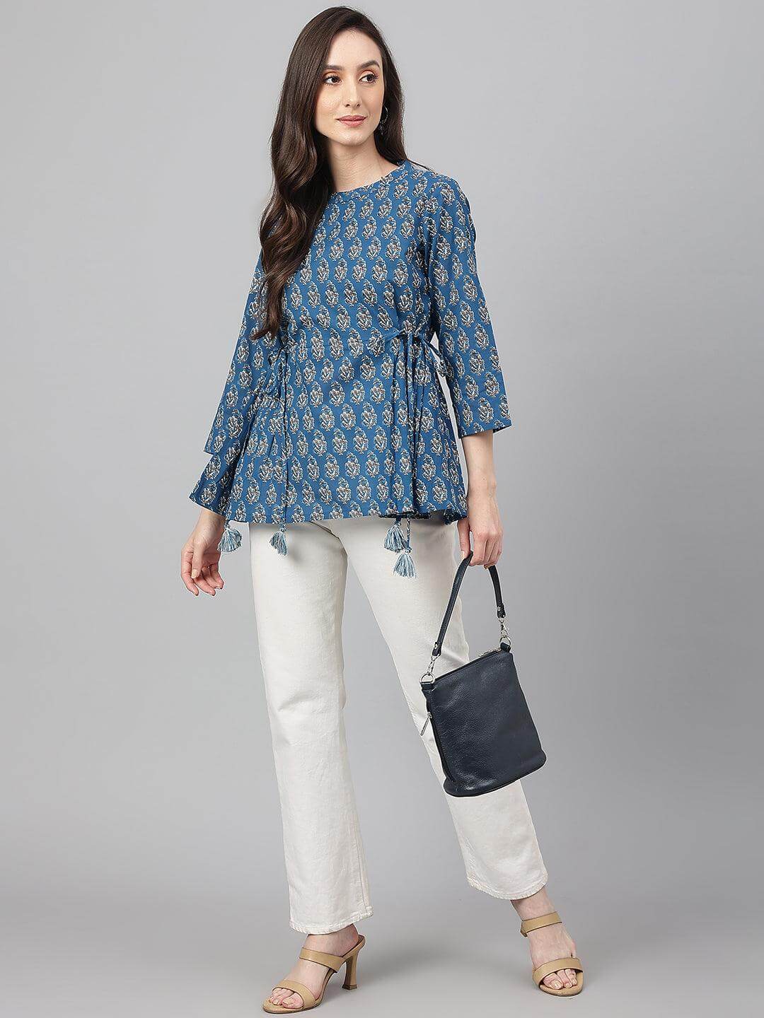 Teal Cotton Floral Print Flared Top