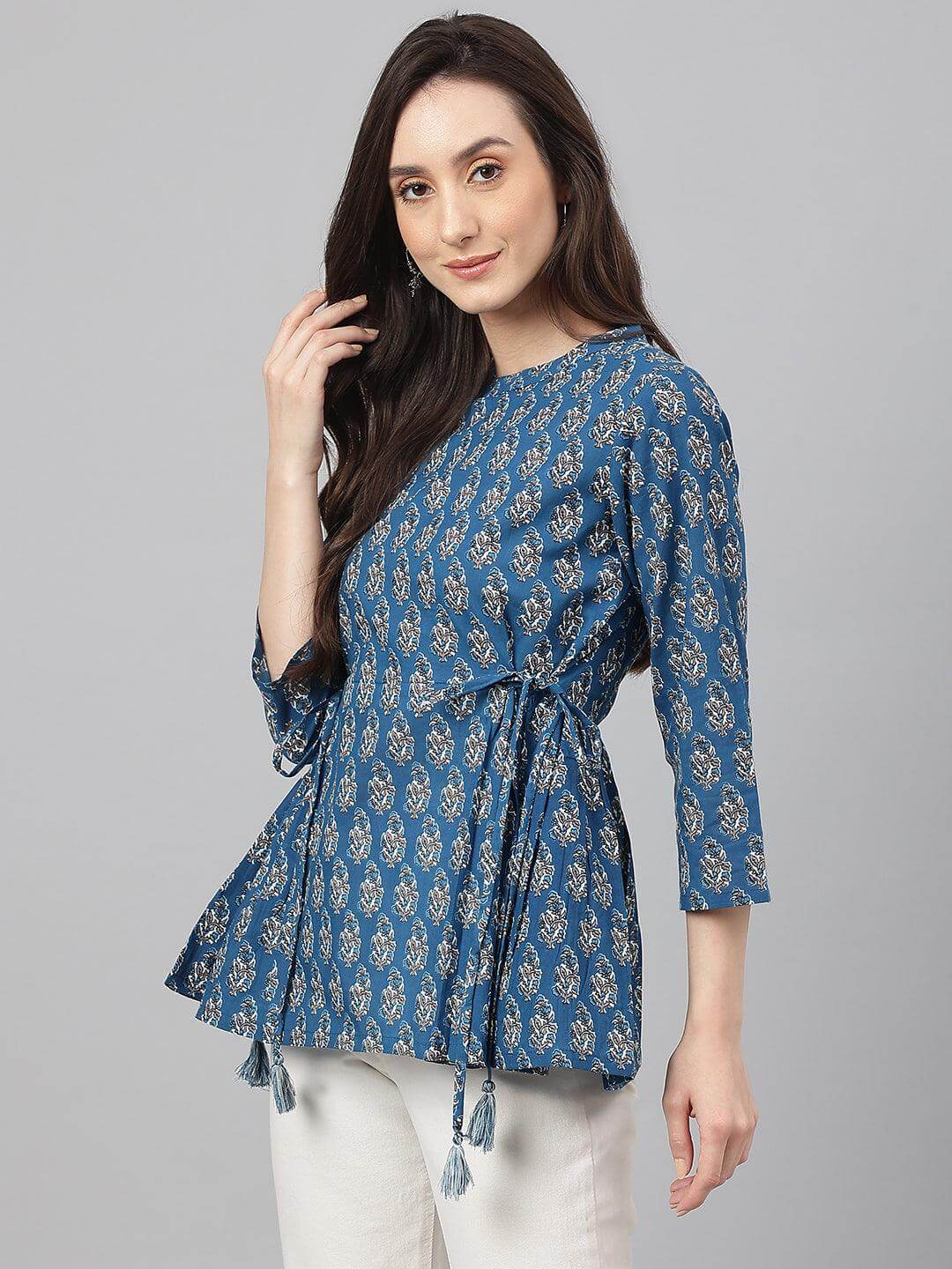 Teal Cotton Floral Print Flared Top
