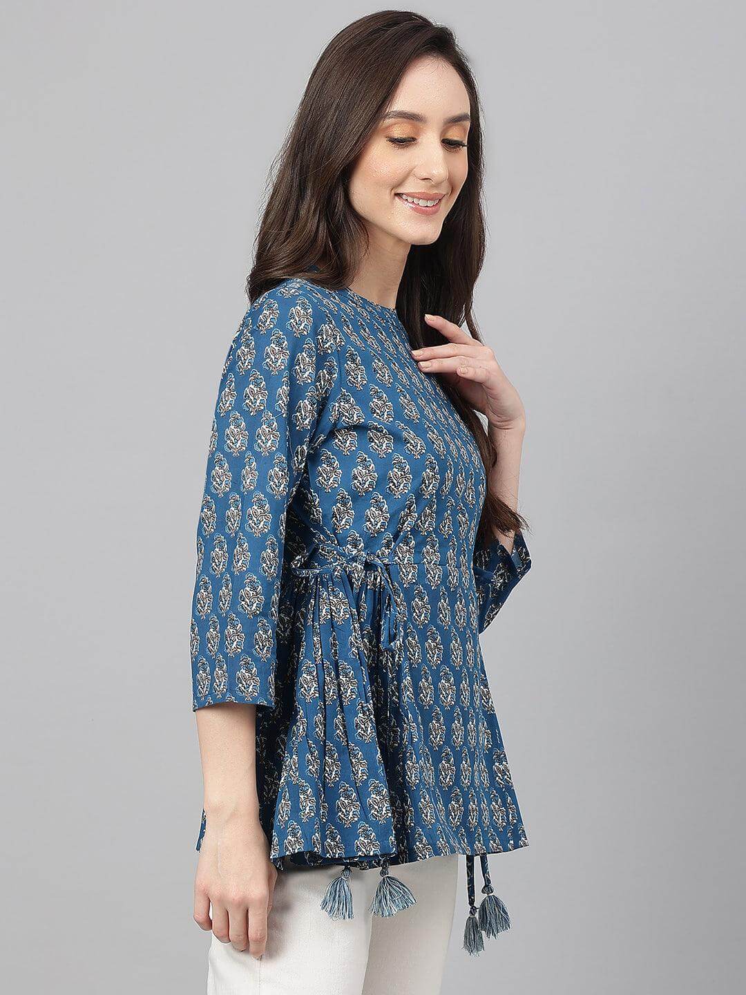 Teal Cotton Floral Print Flared Top